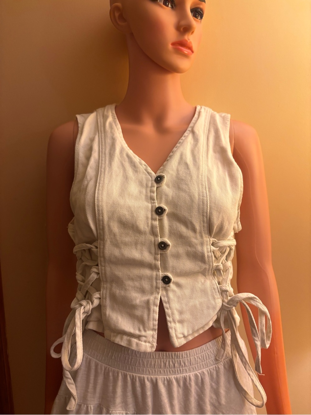Forever 21 Ivory Lace-Up Button Front Crop Vest